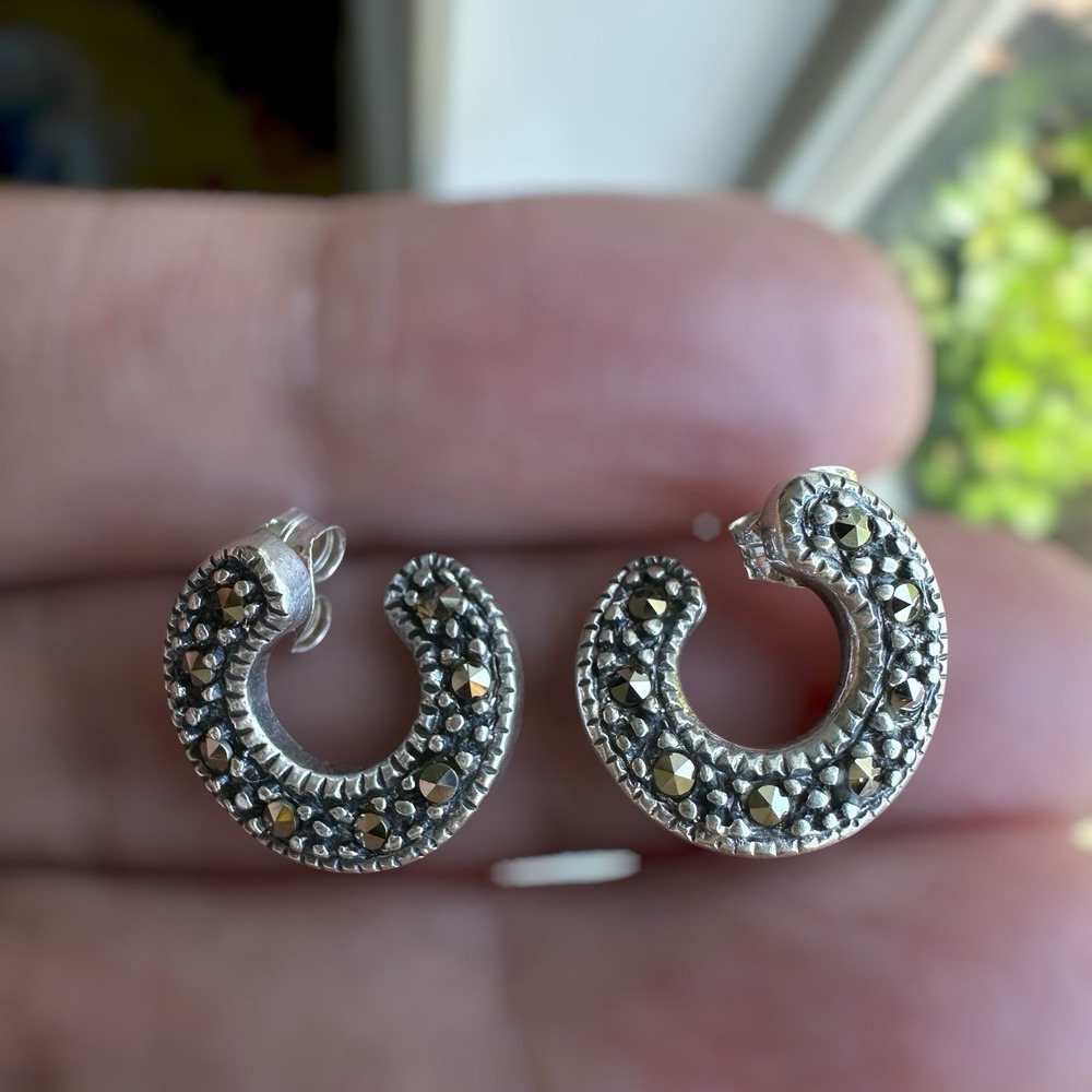 Vintage Artisan Stud Mini Hoop Earrings 0.5 Inch Marcasite 925 Sterling 3.5g